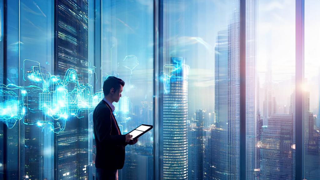 A young entrepreneur using AI-powered email automation tools for cross-border e-commerce marketing in a futuristic cityscape