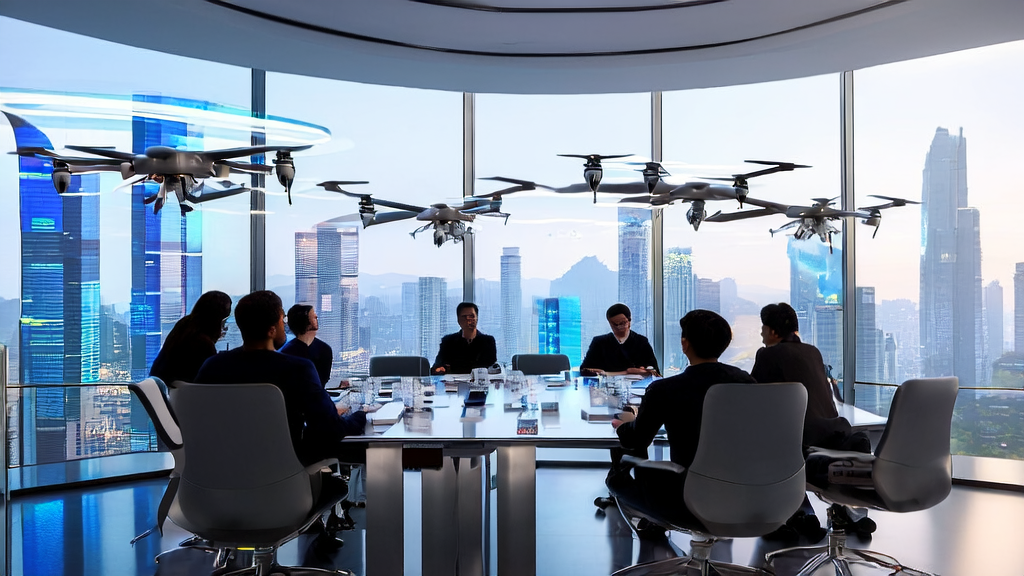 In a modern office building in a futuristic city, entrepreneurs are discussing how to leverage AI technology for cross-border e-commerce growth in 2025