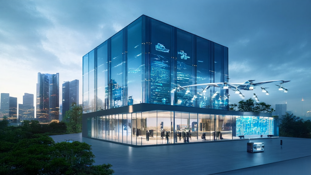 In a modern office building in a future city, intelligent robots process emails and customer data, showcasing the core features of cross-border e-commerce email automation tools.