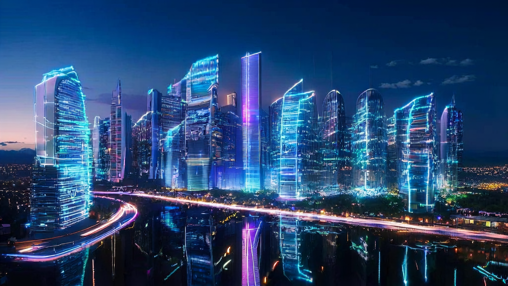 未来城市的AI跨境电商场景，展示智能助手和无人机如何帮助企业在2025年实现高效的获客和转化。