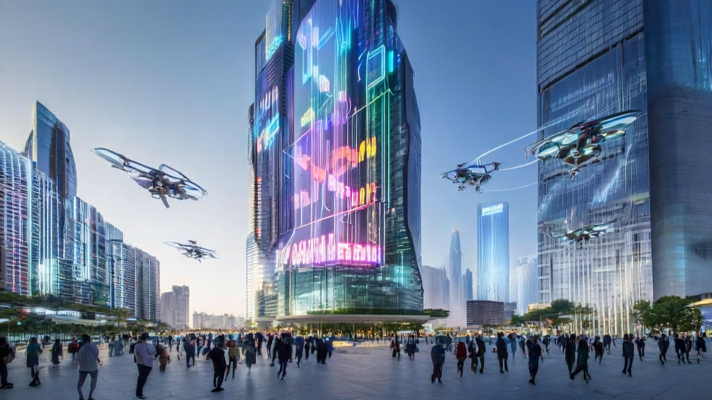 未来科技城市中的AI获客场景，展示OpenAI最新升级的ChatGPT Search功能