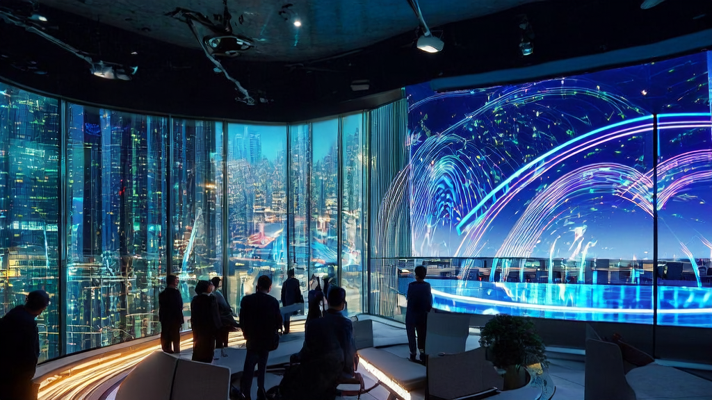 A futuristic city street featuring an innovative tech company showcasing the latest iFlytek Spark model ads, with a team inside working on multimodal technology and data analysis, while drones outside precisely deliver smart ads.