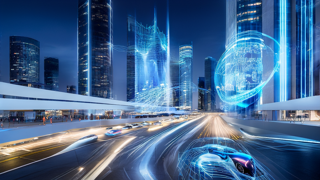 未来城市中使用AI客户预测模型进行精准获客的现代办公室场景