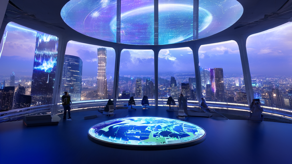 Control room in a futuristic city showcasing how cross-border commerce can achieve efficient customer acquisition through AI-optimized advertising