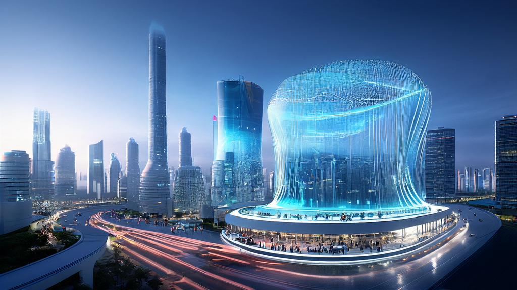 In a futuristic city skyscraper, scientists are fine-tuning the MiniMax M2.1 model while a virtual assistant greets visitors to showcase new AI customer acquisition trends.