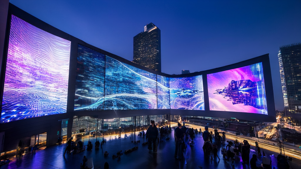 A scene of AI customer acquisition in a futuristic city: A young entrepreneur is using AI technology to optimize ad placement and precisely reach target audiences.