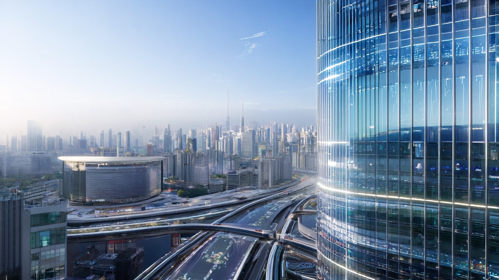 Scene of a modern office in a future city using AI technology for precise ad targeting and customer acquisition