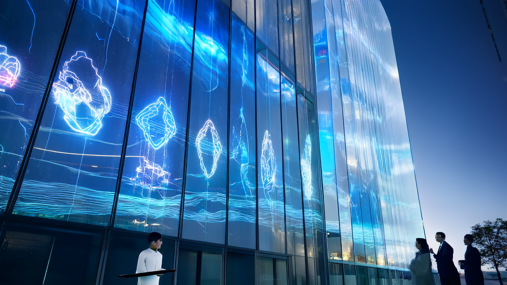 In a modern office building in a future city, an AI customer prediction model and a smart customer service robot assist businesses in precisely screening high-quality customers and providing personalized services.