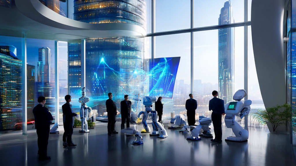 Discussion on AI-driven customer acquisition solutions in a futuristic cityscape