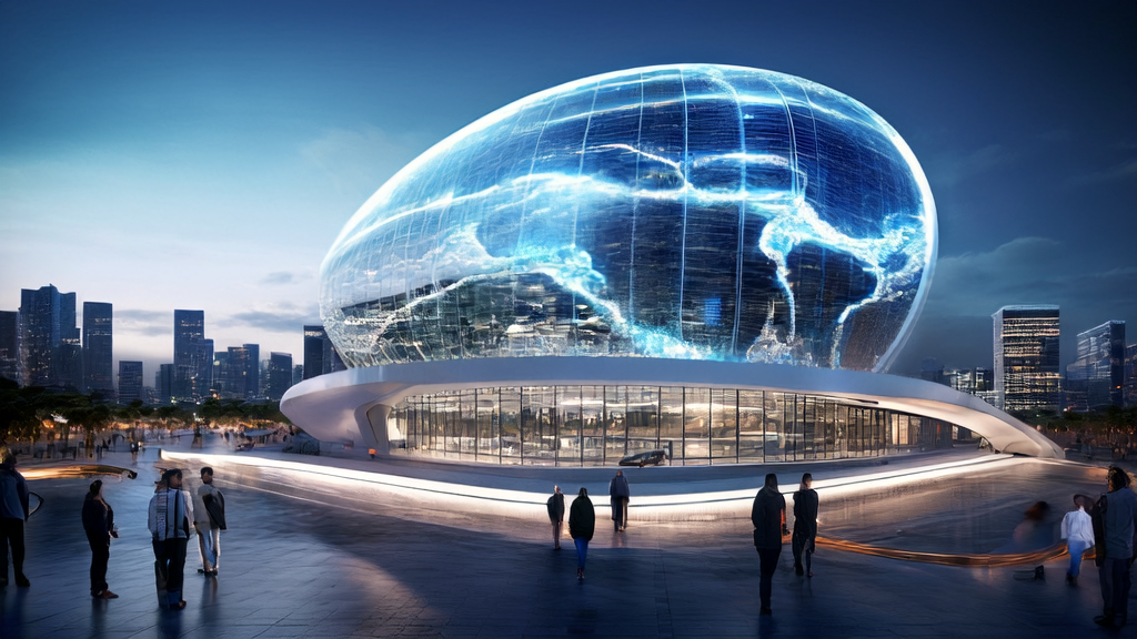 In a modern office building in a future city, an entrepreneur uses AI world models for a global client video conference, showcasing the application prospects of AI technology in the B2B market.