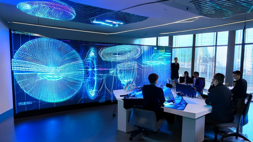 未来城市的办公室内，科技工作者们正在探讨AI精准获客技术，背景是繁华都市夜景