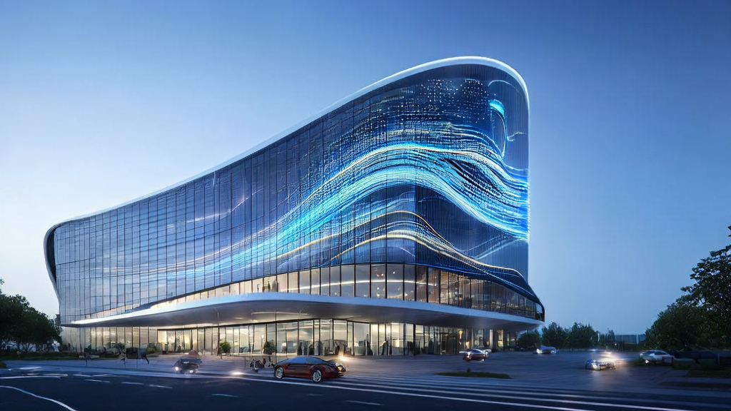 未来城市的办公楼前展示AI客户预测模型和交互界面