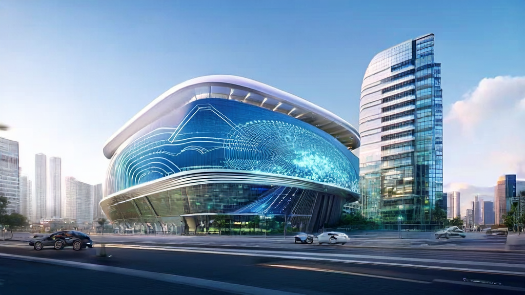 未来城市的AI获客场景:现代化办公楼前的大屏幕展示AI筛选优质客户的流程,无人驾驶车辆和无人机在街道和空中穿梭。