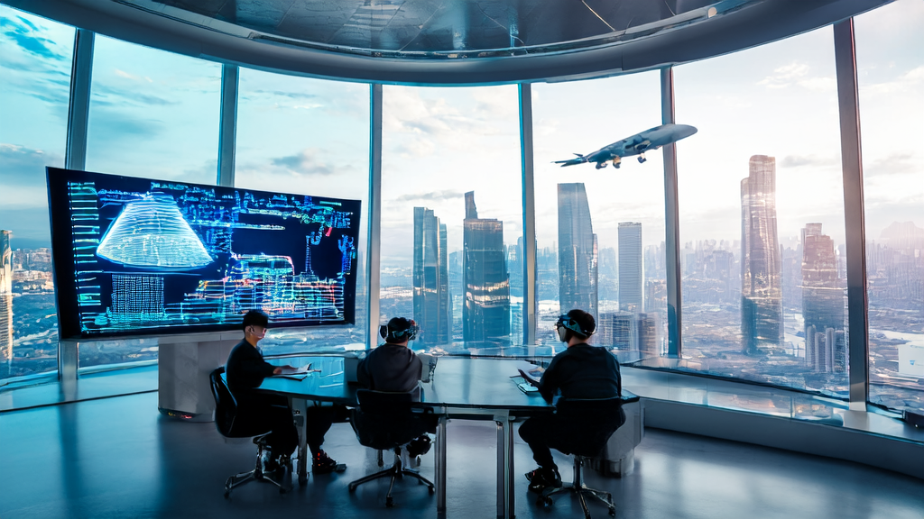 Startup team using AI technology for precise customer acquisition in a futuristic city