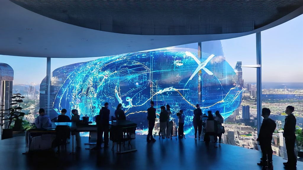 In a high-tech office of a future city, entrepreneurs are discussing how to use AI customer acquisition tools to improve overseas customer acquisition efficiency.