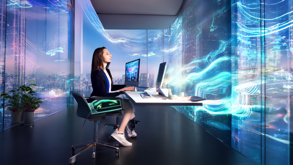 A young entrepreneur using AI assistant to manage advertising strategies in a futuristic city