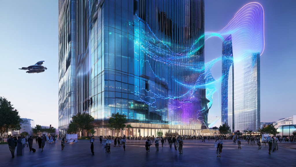 未来城市中展示AI客户预测模型的科技公司大楼