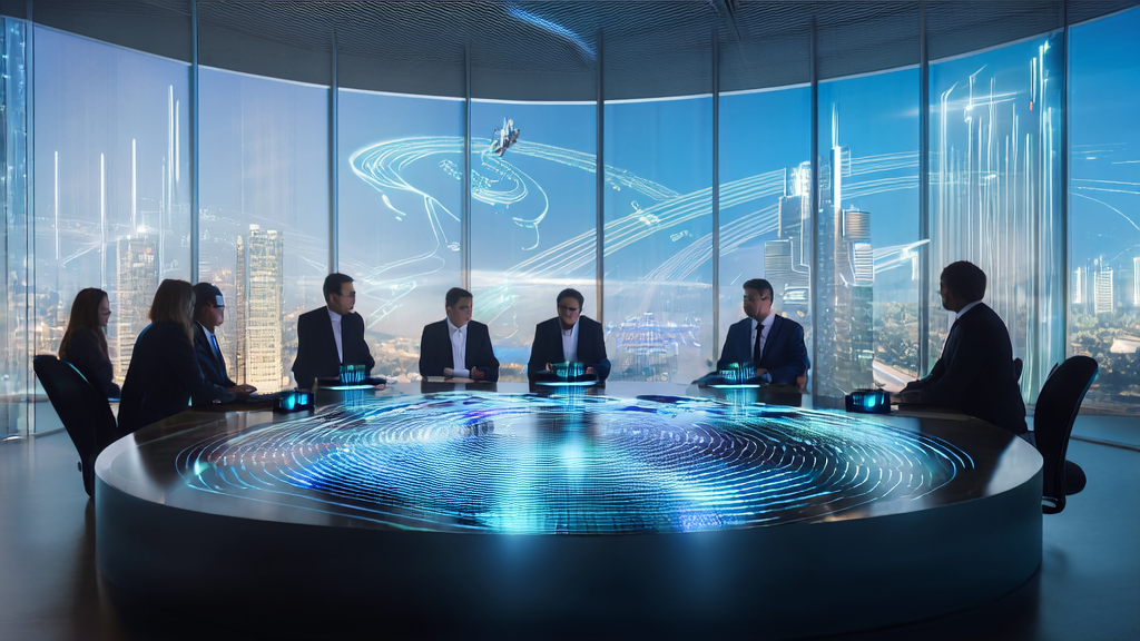 Business professionals in a futuristic city using AI technology for precise customer prediction and market analysis