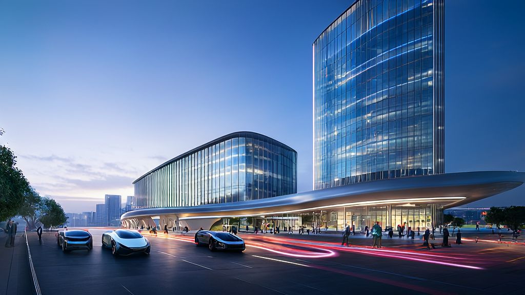 Office scene in a future city using AI predictive models for efficient customer acquisition