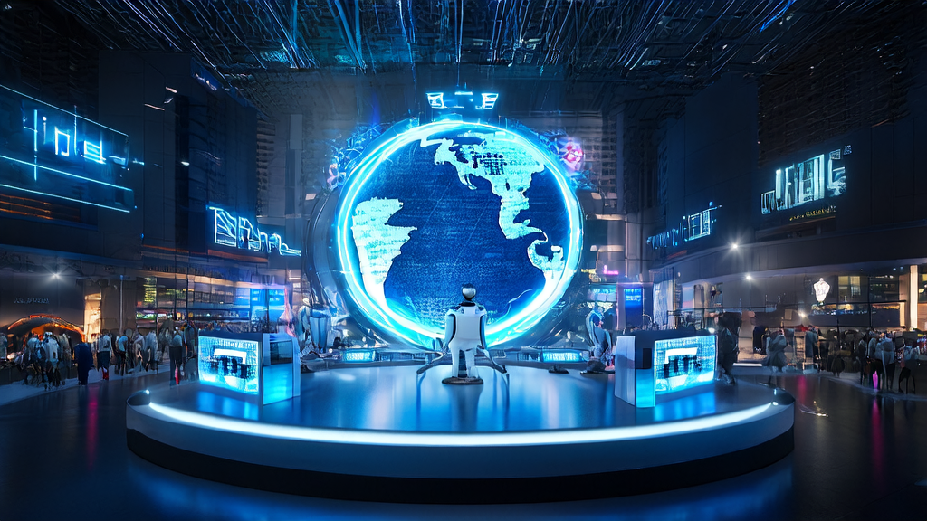 AI customer acquisition control panel in a futuristic city, showcasing new trends for cross-border e-commerce in 2025