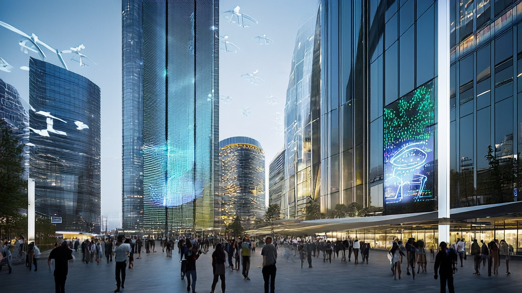 未来城市的AI获客新趋势：现代化办公楼前的创业者使用Claude Chrome插件分析客户数据