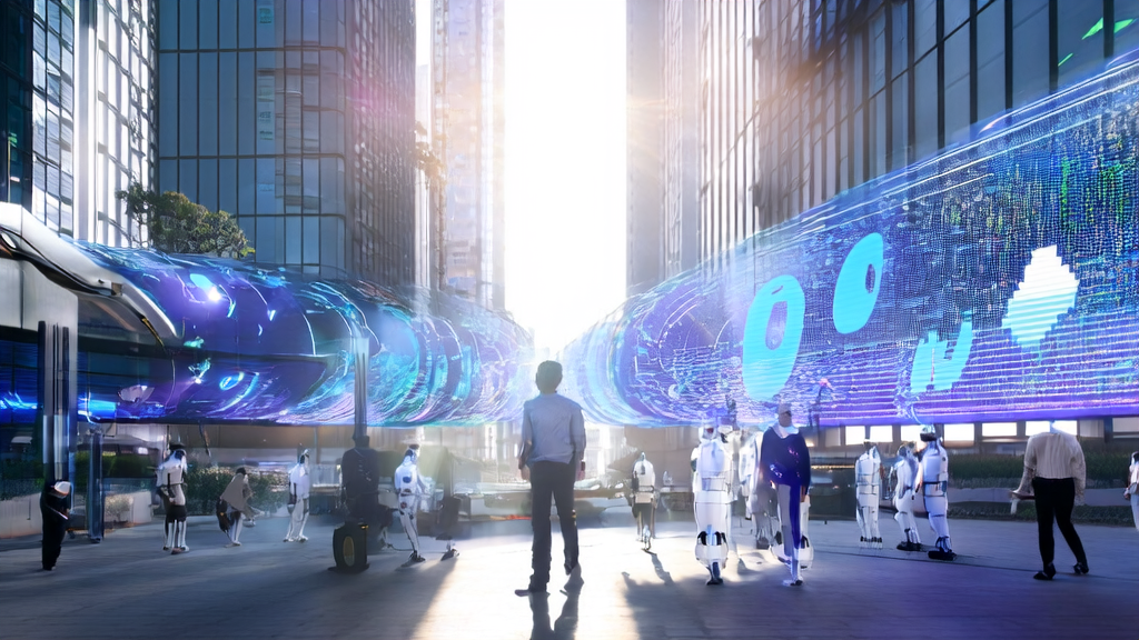 未来城市的中心，创业者使用AI智能获客系统进行数据分析，服务机器人提供客户服务