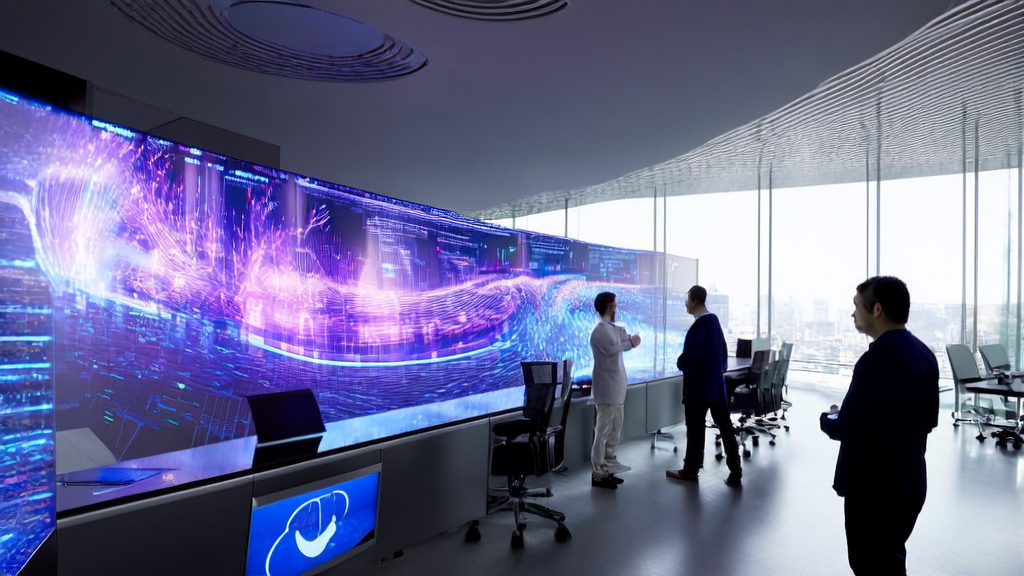 In a modern office building in the heart of a future city, data scientists are using an AI intelligent customer acquisition system to analyze vast amounts of data, with sunlight shining through the glass curtain wall and illuminating the workspace. The display screen shows the code of Meta's newly released CWM model.