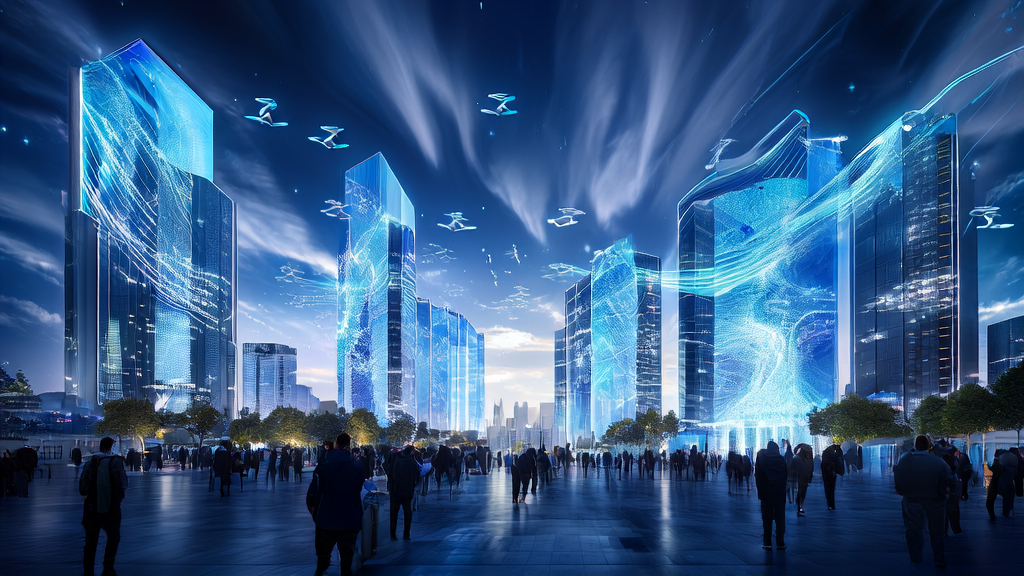 未来科技城市中的跨境电商从业者正在讨论2025年AI获客新趋势