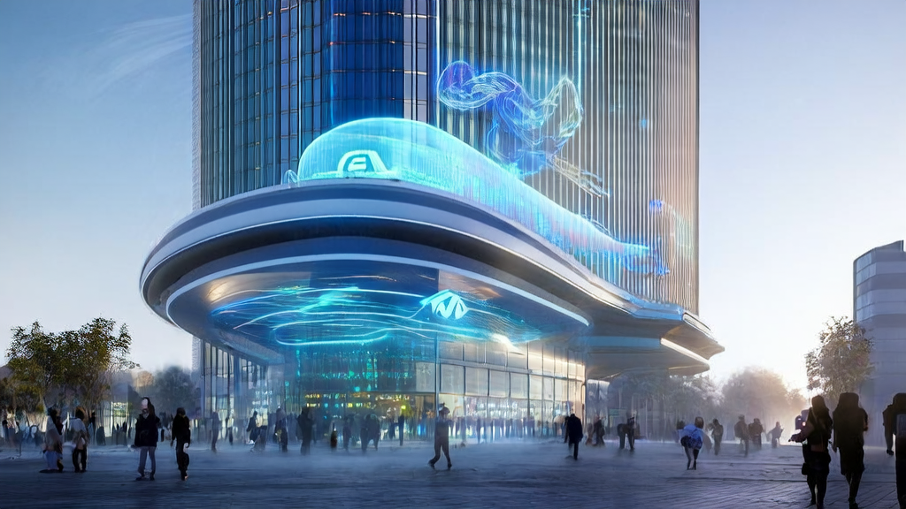 未来城市的办公大楼前，行人手拿个性化邮件，背景中有谷歌A2UI标志，展示AI获客新趋势