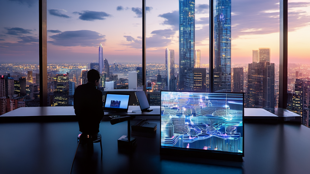 Entrepreneur using AI technology for customer acquisition in a futuristic city, showcasing new trends in cross-border e-commerce in 2025