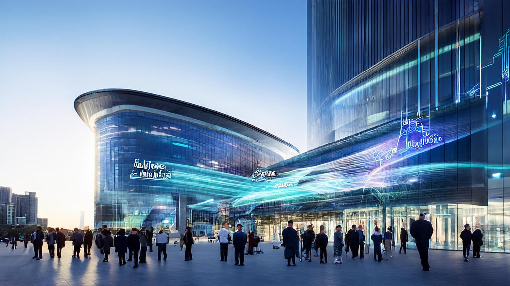 Professionals discussing 2025 AI customer acquisition trends in front of a modern office building with digital displays