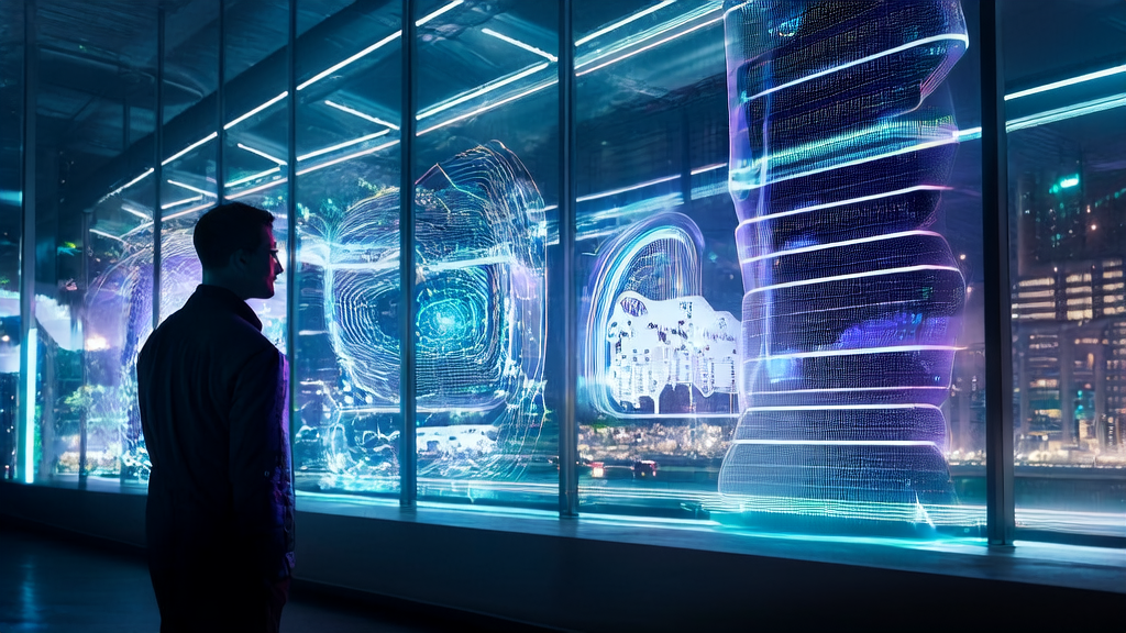 未来城市中的高科技实验室，数据科学家正在分析AI客户预测模型的数据，虚拟助手提供实时建议。