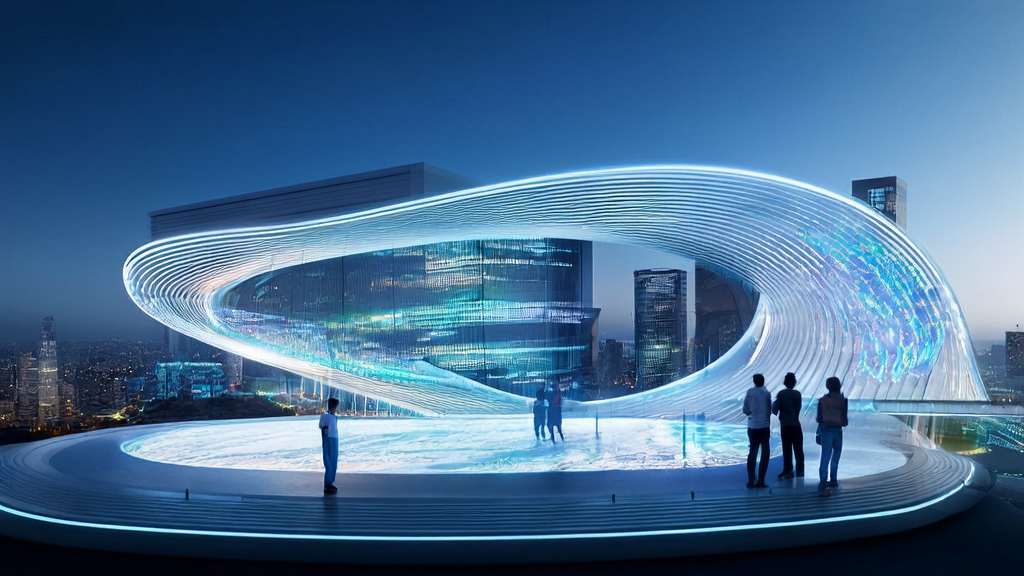 In a futuristic city, an entrepreneur is using an AI customer prediction model to analyze market trends, with Google Lens and Nano Banana image editing features displayed nearby.