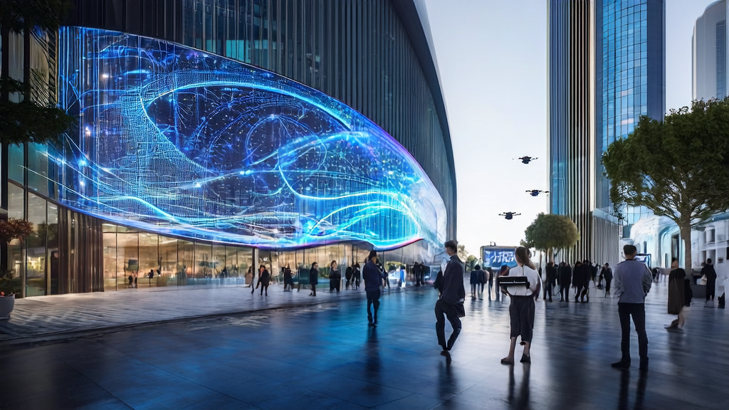 未来科技城市的现代化办公楼前展示AI客户预测模型的应用场景