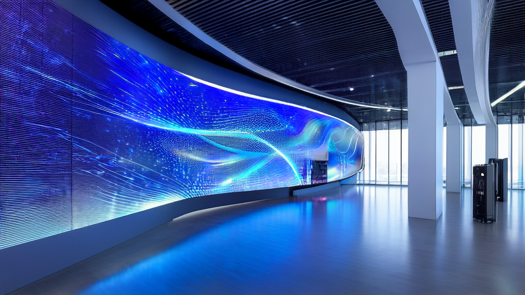 In a modern office building in a futuristic city, the AI customer prediction model and Fish Audio S1 voice cloning device work together to showcase efficient customer screening and personalized interaction capabilities.