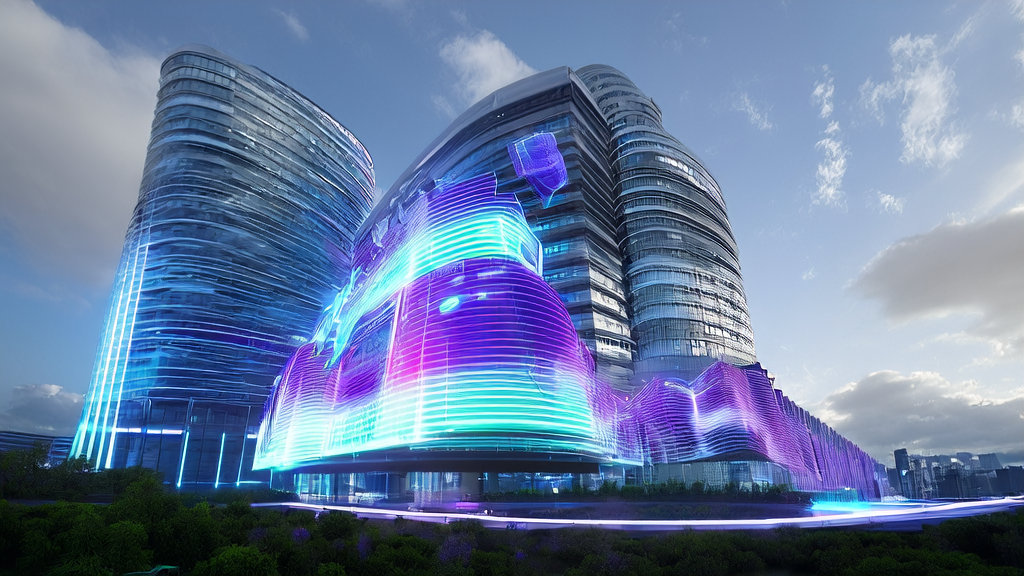 In a futuristic city skyline, an analyst operates an AI customer prediction model, with a smart pet park in the distance