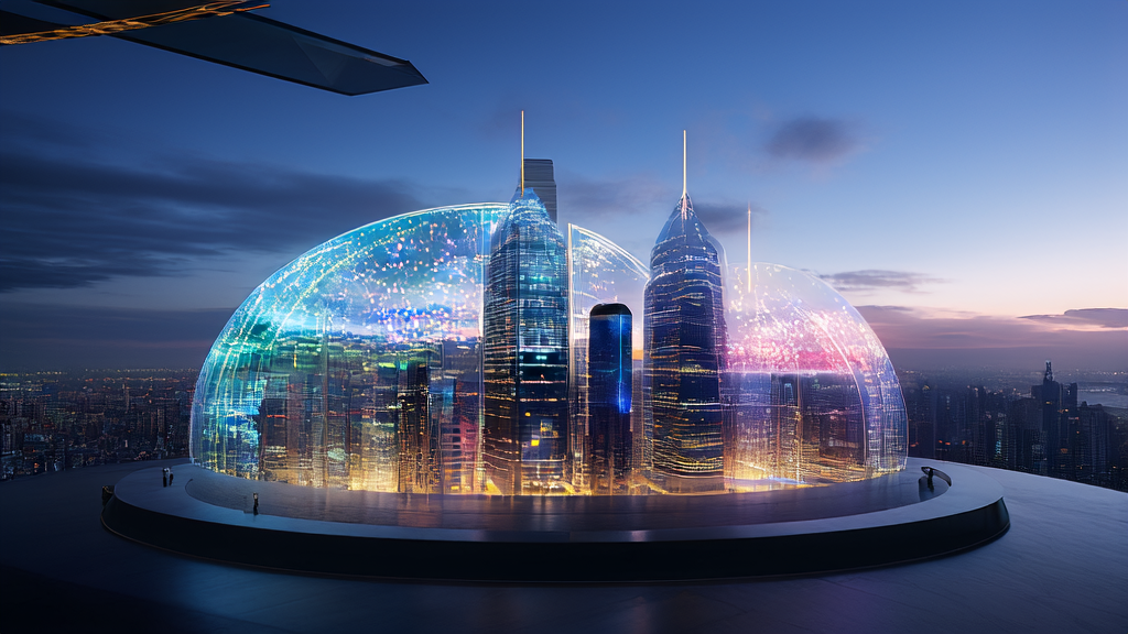 In a high-tech conference room of a future city, business executives discuss the AI customer prediction model with the beautiful city skyline outside.