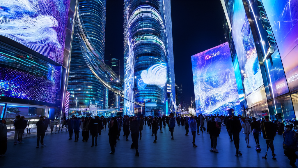 未来城市中展示AI客户预测模型和HeyGen AI视频翻译技术