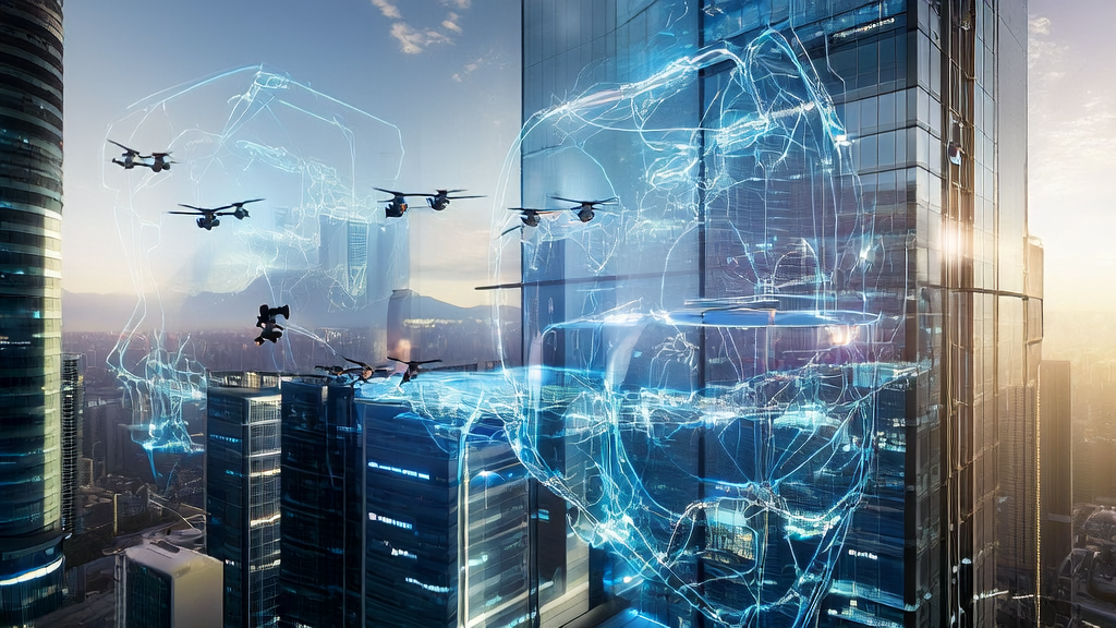 E-commerce entrepreneur in a futuristic city using AI customer prediction models and spatial intelligence data for precise marketing