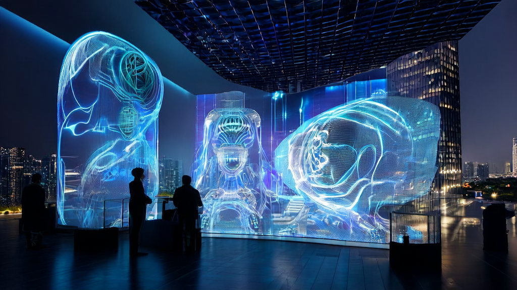 未来城市中，数据分析师通过透明屏幕查看AI客户预测模型的数据流，窗外是迪士尼优雅跌倒机器人在巡逻。