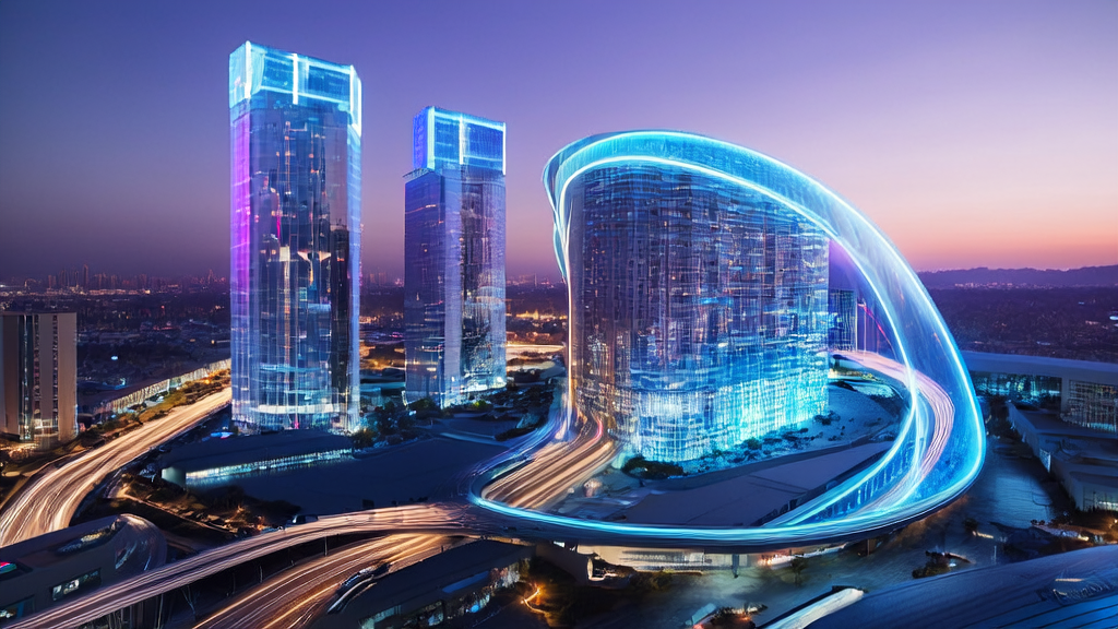 A tech company in a futuristic city using AI customer prediction model for data analysis