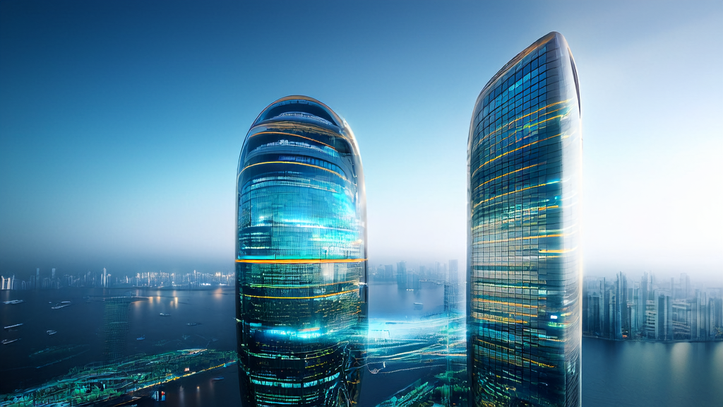 A tech company in a futuristic city using AI customer prediction models to analyze data, with a bustling financial district outside the window