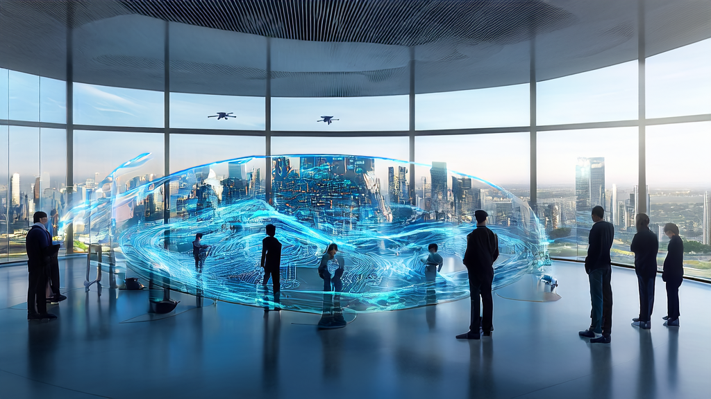 Scene of AI customer prediction model in a futuristic city