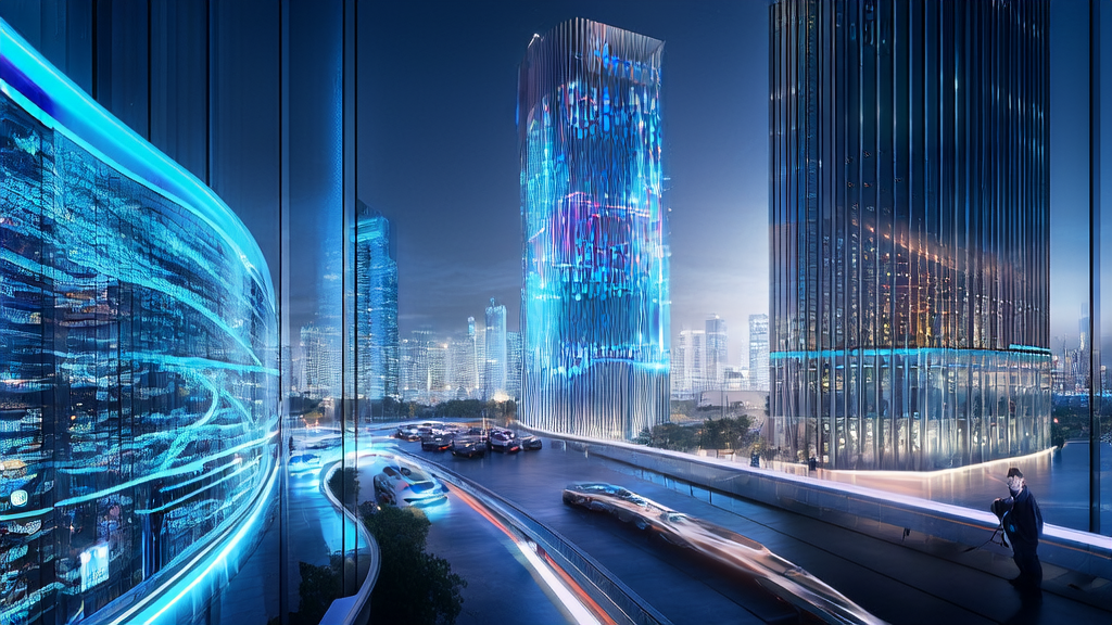 AI customer prediction model in a futuristic city, integrated with ChatGPT's multi-threaded chat feature for efficient customer acquisition and management