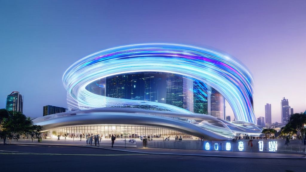 未来城市的高科技大厦，展示AI客户预测模型和罗永浩2025科技创新大会发布的细红线AI软件。