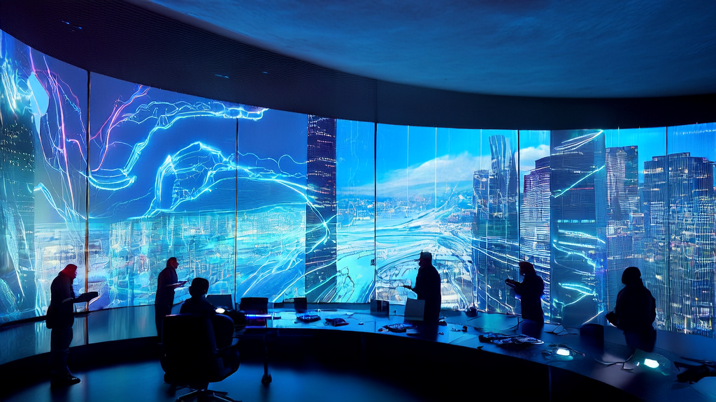 In the corner of a futuristic city, skyscrapers display data streams of an AI customer prediction model, symbolizing intelligence and efficiency in the future.