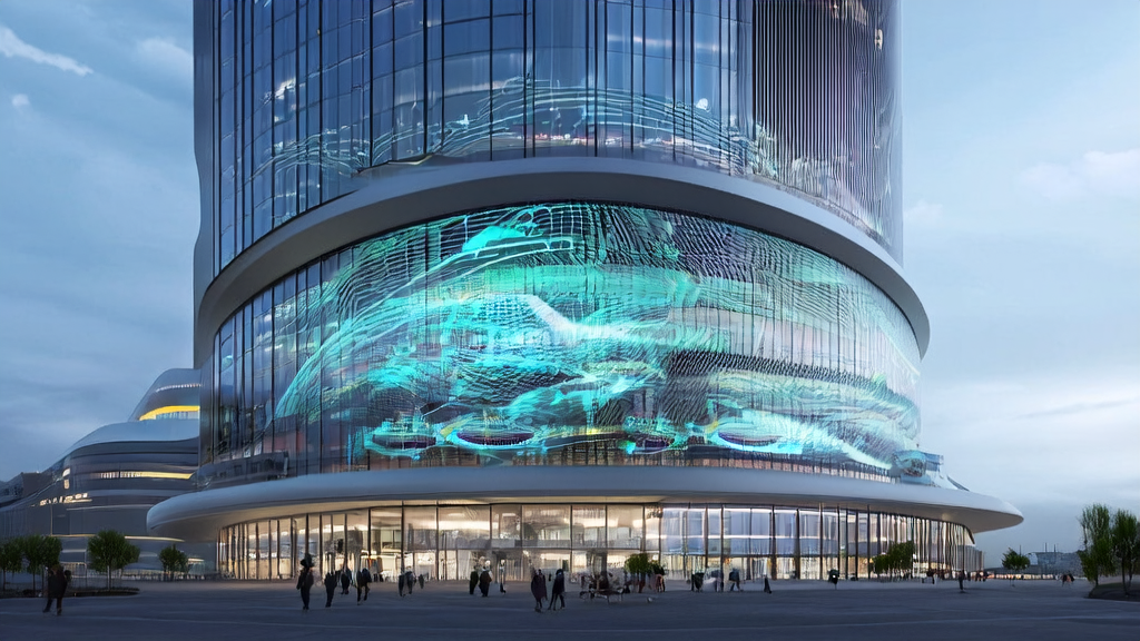 未来城市的现代化办公楼中，创业者通过智能设备查看AI客户预测模型的分析结果，背景是繁忙的城市天际线。