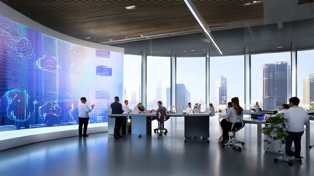 Scene of AI customer prediction model in a futuristic city office