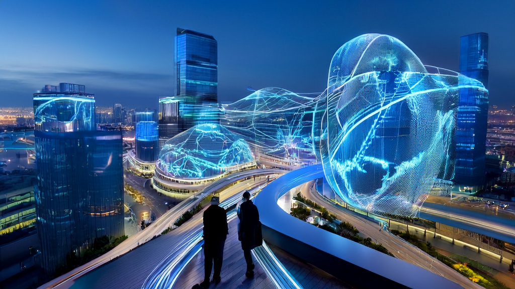 In a futuristic city, a data scientist analyzes customer data using an AI customer prediction model, with a bustling high-tech urban life outside the window.