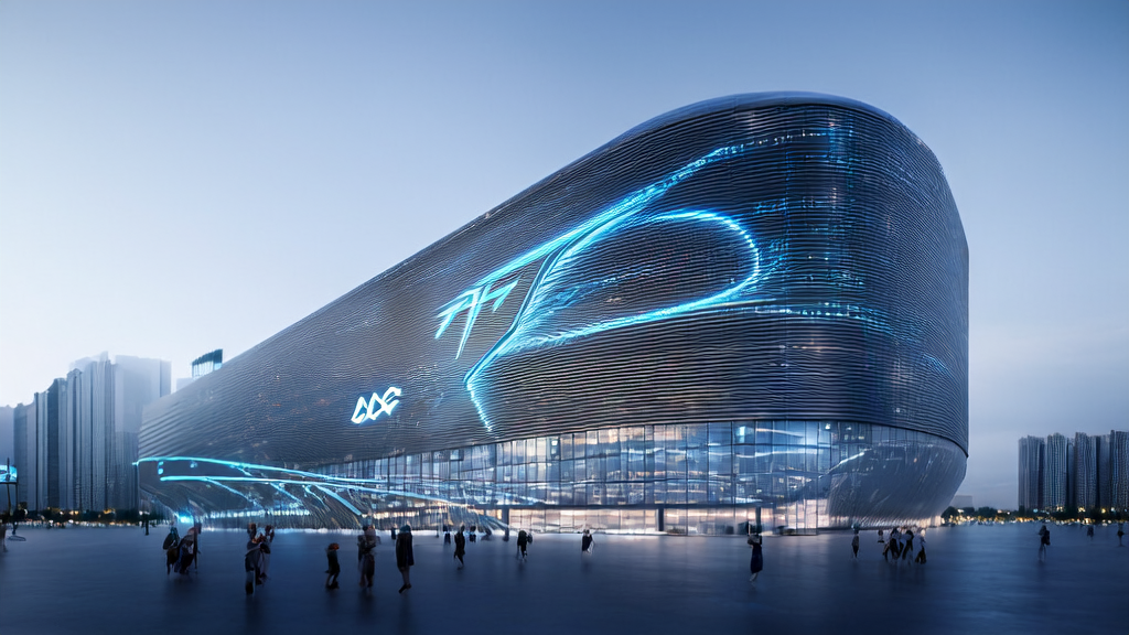 Scene of AI customer prediction model development in a futuristic city, showcasing advanced technology and data processing capabilities